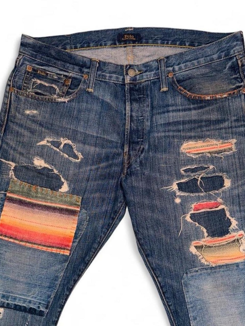POLO Ralph Lauren Blue Distressed Jeans with Colorful Patchwork 34x30 - Picture 3 of 12